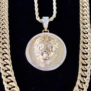 FULL SET LION DOUBLE CHAIN CUBAN LINK 18K GOLD!